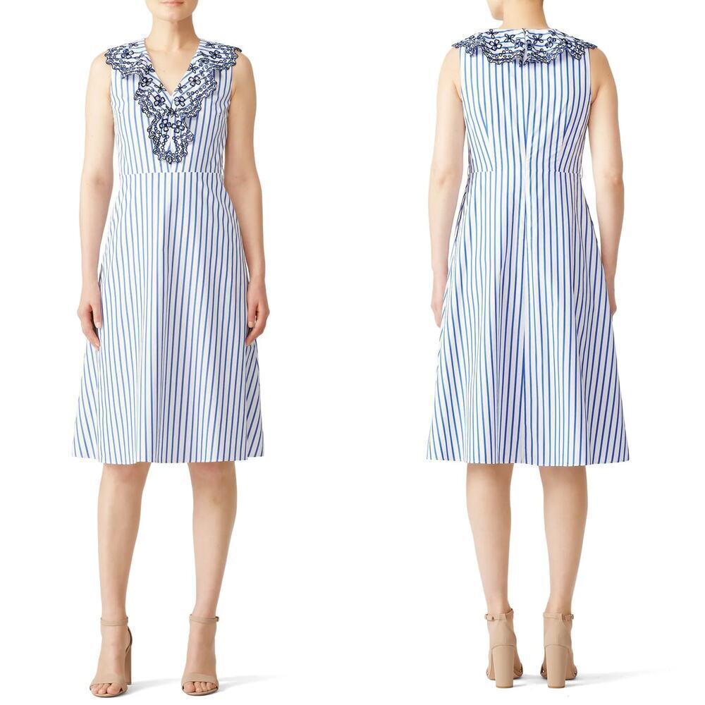 Draper James Striped Dress Embroidered Ruffle Eyelet Fit & Flare Blue White 4
